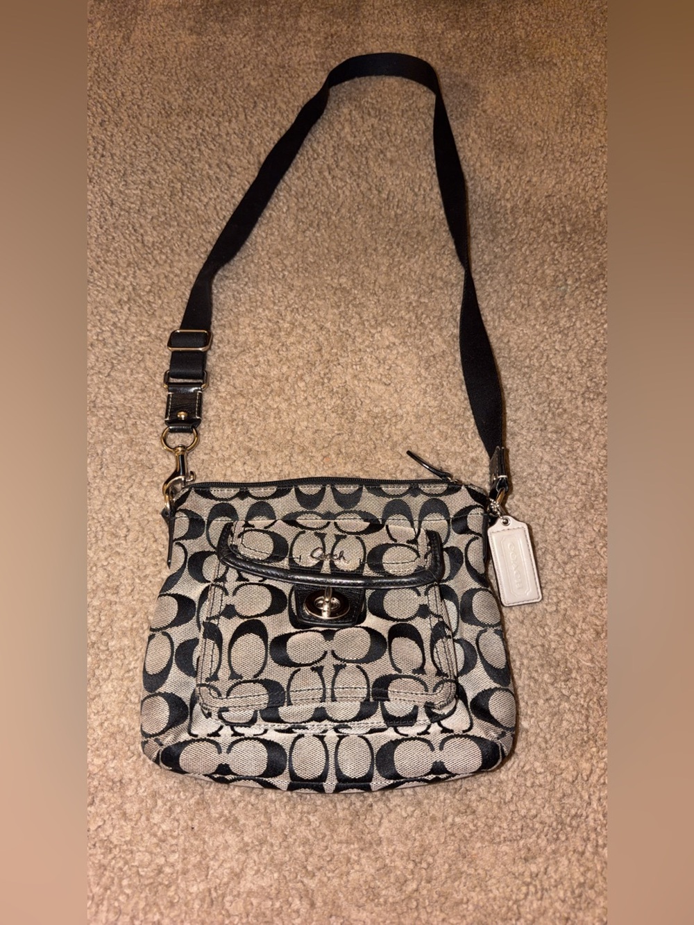 Coach Black and Khaki Signature Crossbody with Turn-Lock Pocket